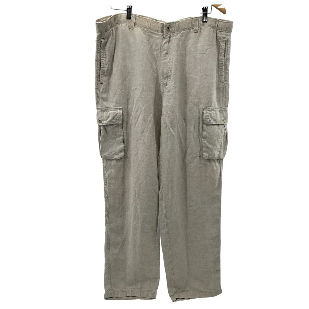 Tommy Bahama Mens 100% Linen Cargo Pants Tan‎ Khaki Straight Leg Size L 38x30